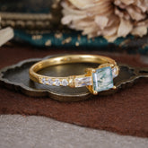 Classic Princess Cut Moss Agate Promise Ring Side Stone Bridal Ring
